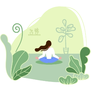 stylized woman meditating with plants