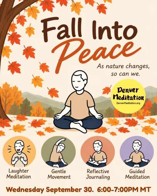 Fall Into Peace meditation event poster with autumn illustrations.